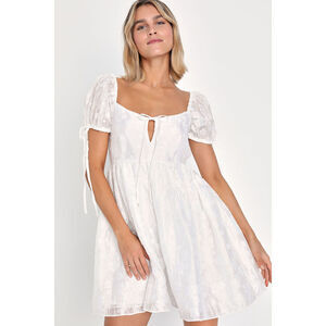 Lulus Exceptionally Angelic White Floral Puff Sleeve Mini Dress - Size L